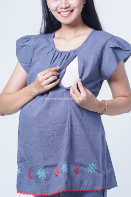 Setelan Baju Hamil Menyusui Lengan Panjang Lipit Dada Bunga Melati